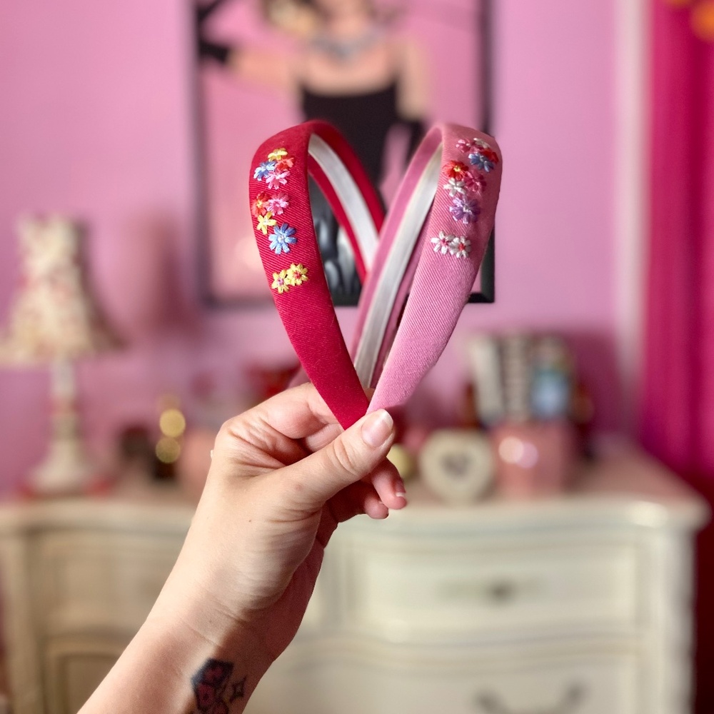 Vintage Y2k Embroidered Headband Set Red/Pink Floral Fashion Hair Accesories